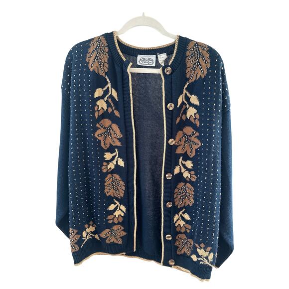 Vintage The Villager Navy Cardigan Sweater Fall Floral Knit Women’s Large - Picture 1 of 4